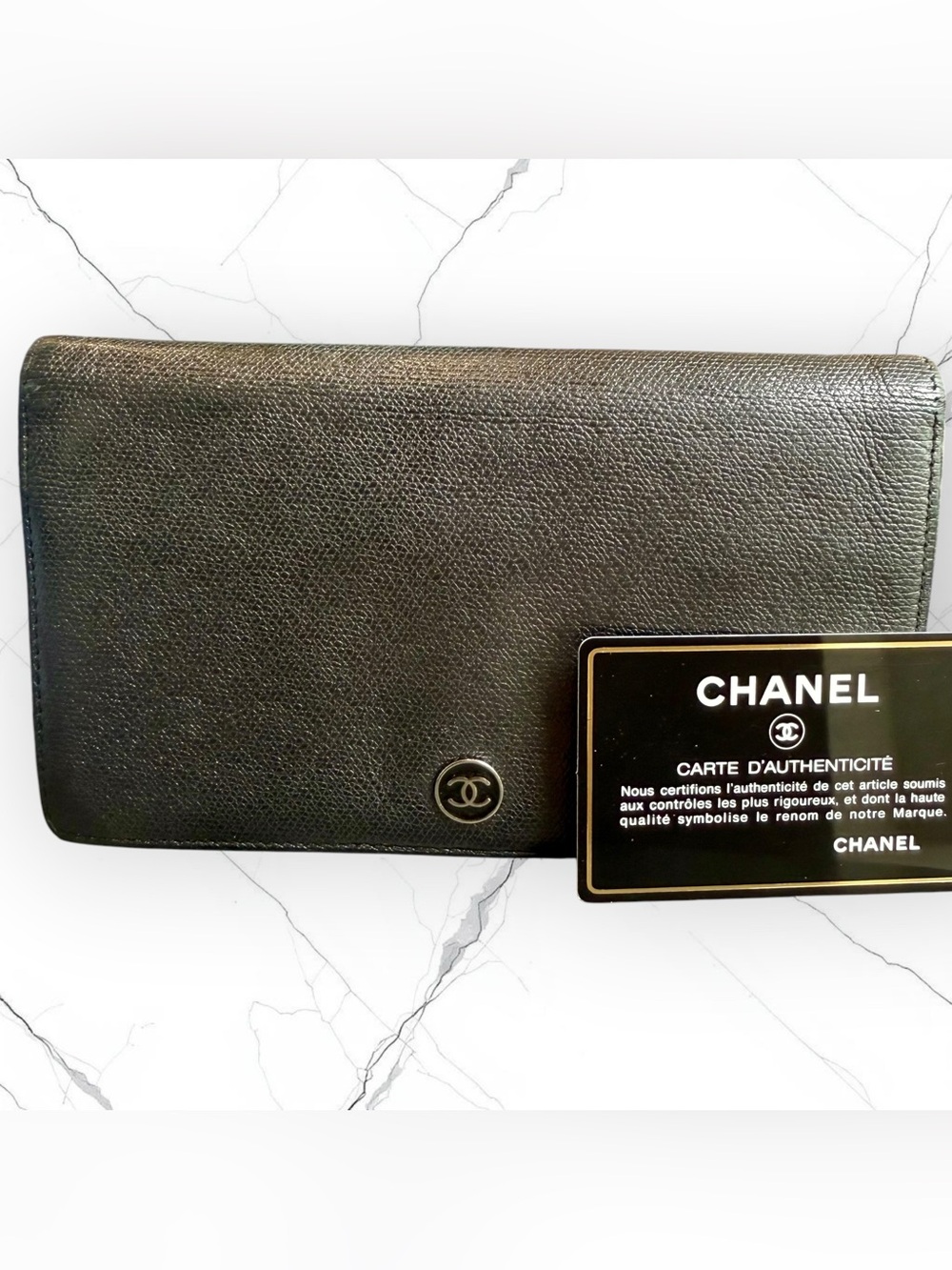 CHANEL Black Caviar Leather Long Wallet with CC Emblem